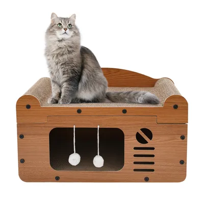 Produktbild von Katzenhaus, Katzenbett mit Katzenkratzbrett, Katzenhaus mit Spielbällen, Braun