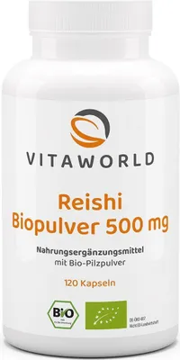 Produktbild von Vitaworld Reishi Biopulver 500 mg | 120 Kapseln | Reishi-Pulver| 500 mg Pulver pro Kapsel | vegan