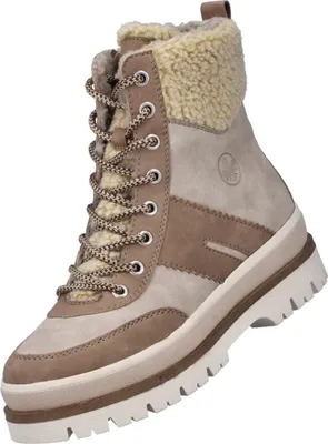 Auf dem Bild ist ein beiger Stiefel zu sehen der eine hohe Form hat und aus weichem Material gefertigt zu sein scheint. Der Stiefel wird von der Seite präsentiert und zeigt eine elegante Silhouette.