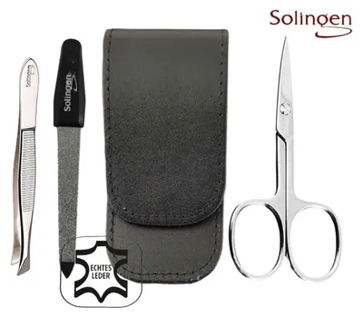 Produktbild von 3-teiliges Solingen Maniküre Set mit Leder Etui, Nagelschere, Feile, Pinzette, Germany Schwarz