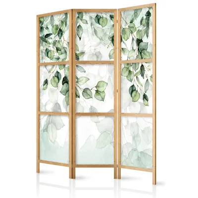 Produktbild von Paravent 135x171 cm 3-teilig einseitig eleganter Sichtschutz Raumteiler Trennwand Raumtrenner Holz Design Motiv Deko Home Office grüne Blätter Botanik b-C-0876-bh-b