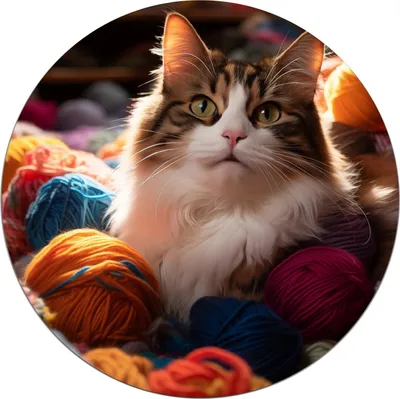 Produktbild von Wallario Premium Glasbild, freischwebende Optik, kräftige Farben, rund 50cm Durchmesser, Motiv Katze in einem Berg von Wollknäuel