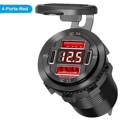 Productafbeelding van USB-laadpoort, 4 aansluitingen, duale PD & QC3.0, 15A zekeringdraad - rood