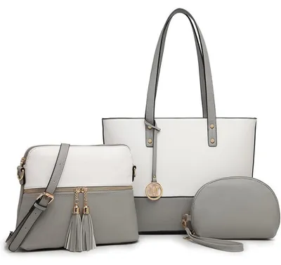 Immagine prodotto di Set di 3 borse da donna: borsa a tracolla, shopper e portafoglio, in ecopelle, colore grigio e bianco