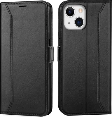 A black flip case for an iPhone 13 Mini is shown from two angles.