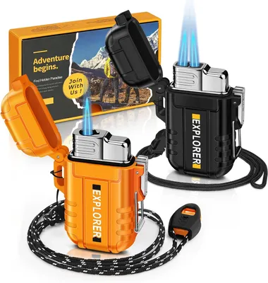 Immagine prodotto di 2 accendini a getto, uno con un getto e l'altro con due getti, resistenti al vento e all'acqua, accendini a gas butano ricaricabili, confezione multipla per candele, fornelli (non a gas)