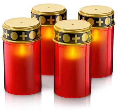 Image de Bearware, ensemble de 4 bougies LED pour cimetière, fonctionnant sur piles, avec effet de flamme vacillante et lumière blanc chaud (3000 K), autonomie d'environ 4 mois par jeu de piles, résistantes aux intempéries, pour cimetière, 4 pièces, couleur rouge