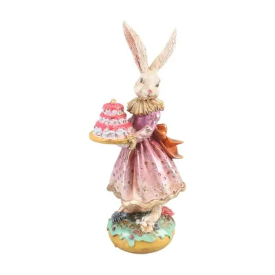Image de Lapin rose avec gâteau, 28,5 cm – Figurine décorative en résine – Accessoire de décoration intérieure pour Pâques et les saisons