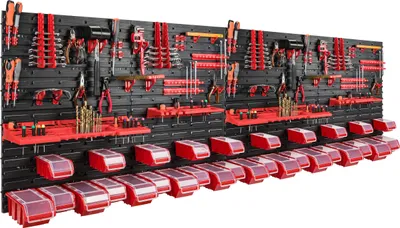 Produktbild von 30 Stapelboxen Wandregal Kunststoff Deckel 230 x 78 cm Werkzeughalter Werkstatt Garage  Lagersystem Sichtlagerkästen Schütte
