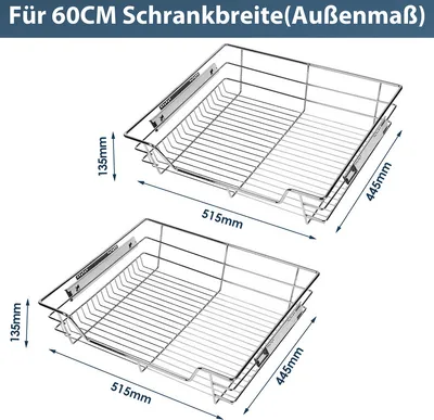 Produktbild von Fiqops 4x 60cm Küchenschublade Schubladen Drahtkorb TeleskopSchublade Ablagen Schrankauszug bis 20kg