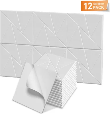 Obrázok produktu pre XMTECH sada 12 samolepiacich štvorcových akustických panelov 30x30x0,9 cm - zvukovoizolačné panely s V-vzorom - biele