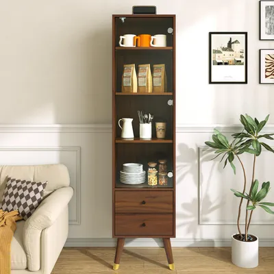 Produktbild von Merax Glasvitrine Hochschrank, Vitrinenschrank mit 2 Schubladen, Vitrine mit Verstellbare Regale, Push-to-Open, für Wohnzimmer Bad Büro, Nussbaum