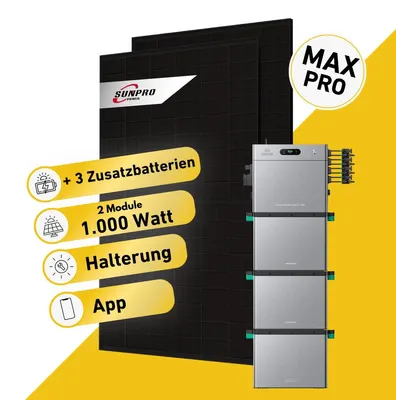Produktbild von Balkonstrom Balkonkraftwerk 1000W Solaranlage mit Speicher | 3xZusatzspeicher | Biberschwanzdachhalterung | 2xSolarmodul | Zendure SolarFlow 2400 Pro