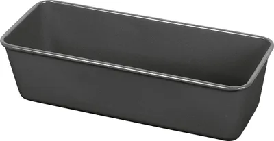 A dark gray loaf pan shown from a diagonal angle against a white background.