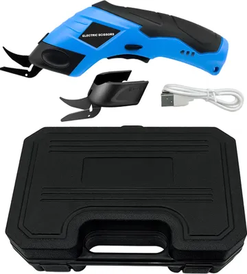 A blue and black electric fabric cutter, its accessories, and a black carrying case are displayed against a white background.