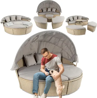Produktbild von di volio Polyrattan Sonneninsel MILANO - Garteninsel mit faltbarem Sonnendach & Hocker-Tisch im exklusiven Rattan-Design inkl. eine Fleecedecke