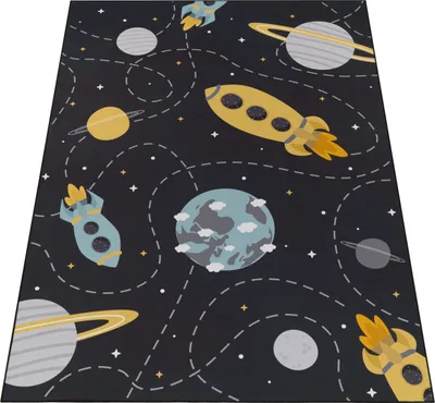 Immagine prodotto di Tappeto per camera bambini Tappeto antiscivolo Razzo Pianeta Stelle Grigio Blu Giallo Dimensioni 160 cm Rotondo