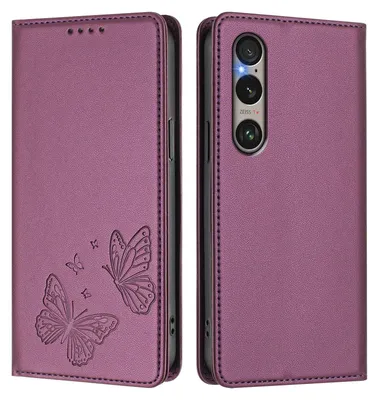Image de Étui en cuir pour Sony Xperia 1 VI, motif papillon, étui à rabat avec porte-appareil, violet