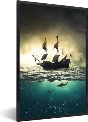 Produktbild von MuchoWow® MuchoWow® Gerahmtes Poster Boot - Hai - Meer 20x30 cm - Poster mit zchwarzem Bilderrahmen - Drucken - Bilder Poster im Rahmen