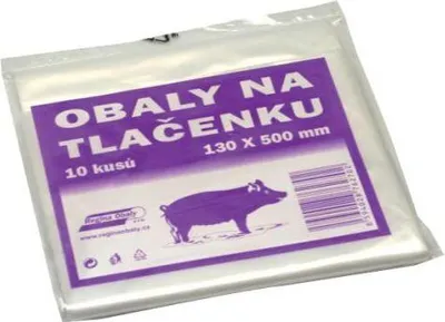 A clear plastic bag with a purple label showing a pig and product information.