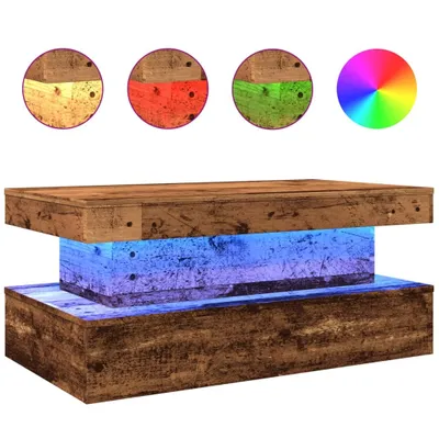 A wooden coffee table with LED lighting.