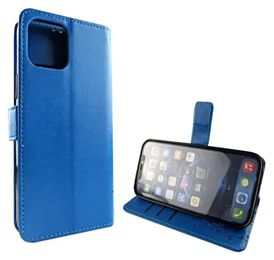 A blue flip case for an iPhone 12 Mini is shown, with the phone inside and open.