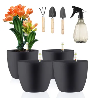 Produktbild von Set von 4 Grauen Blumentöpfen mit Wasserindikator - 15,5 x 13 cm