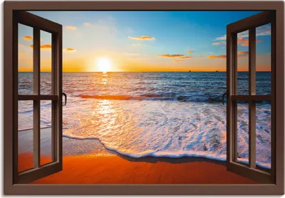 Produktbild von ARTland Leinwandbild Fensterblick Sonnenuntergang Meer Größe: 130x90 cm