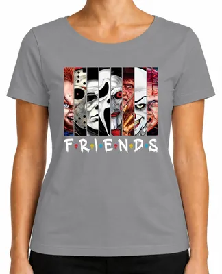 Productafbeelding van Vrienden: Horror Iconen - T-shirt met afbeeldingen van Jason, Michael, Pennywise, Freddy, Chucky. Kleur: grijs. Maat: S