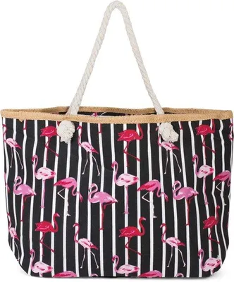 Zdjęcie produktu dla styleBREAKER Duża torba plażowa z nadrukiem flamingów i wzorem w paski | Damskie torby typu shopper z uchwytami ze sznurka i zamkiem błyskawicznym | Torba plażowa z detalem z rafii | 58 x 37 x 13 cm