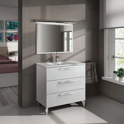 Immagine prodotto di Dmora Mobile Sottolavabo Elleboro 86x80x45h cm Bianco Lucido, Specchio Incluso Apertura Soft Close