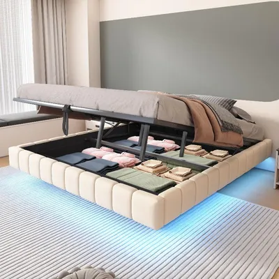 Obrázok produktu pre Postel s čalúnením, rozmer 180x200 cm, s úložným priestorom, plávajúca konštrukcia bez čela, s LED osvetlením, farba: béžová (lnená), kovový rám, vhodná do spálne
