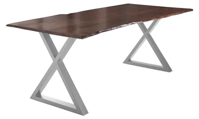 Produktbild von Esstisch Baumkante massiv Akazie nussbaum 240 x 100 silber X-Gestell LUBIN