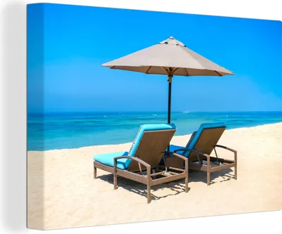 Produktbild von OneMillionCanvasses® - Leinwandbilder - 140x90 cm, Strandkorb - Sonnenschirm - Sommer - Meer, Wandbilder Kunstdruck Wanddekoration - Foto auf Leinwand - Gemälde auf Holzrahmen