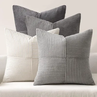Produktbild von Set mit 4 Kissenbezügen aus Cord-Samt im Patchwork-Stil, weiche Dekokissen, modernes Design mit verdecktem Reißverschluss, Sofakissen, Dekokissen für Wohnzimmer und Schlafzimmer, grau, 45 x 45 cm