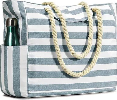 Immagine prodotto di Borsa da spiaggia gigante, estremamente capiente, completamente impermeabile, borsa da spiaggia a righe per tutta la famiglia, taglia XXL, cerniera resistente agli strappi.