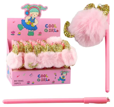 Produktbild von Gelstift mit rosa Pompom-Kappe und blauer Tinte, 17 cm, 0,5 mm