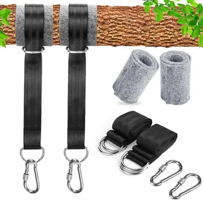Produktbild von Schaukel Befestigung, Hängematte Befestigung für Bäume geeignet 2 x 150cm mit 2 Schwerlast Karabinern und D-Ringen, mit Aufbewahrungstasche, Baumschutz Polster.