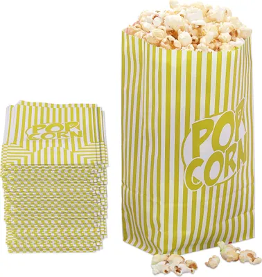 Produktbild von Relaxdays Popcorntüten, 144er Set, gestreift, Retro-Optik, Kino, Filmabend Zubehör, Papier, Popcornbehälter, gelb/weiß