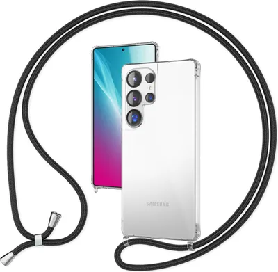A clear phone case with a black lanyard is shown against a white background.