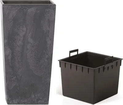 A tall, square planter with a stone-like texture and a separate, dark-colored insert are shown against a white background.
