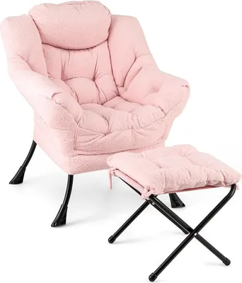 Obrázek produktu pro Relaxační křeslo s taburetem, moderní křeslo se sklápěcí podnožkou, polštářek pod hlavu, boční kapsa, čalouněné křeslo a podnožka do obývacího pokoje, růžová barva