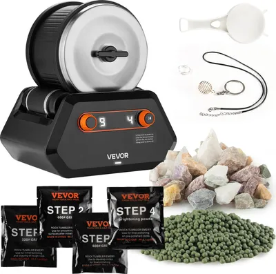 A rock tumbler and polishing kit is displayed on a white background, with various components including raw stones, polishing media, and accessories.