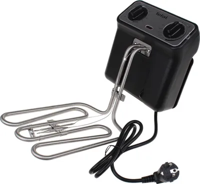A black and silver deep fryer heating element with a housing and power cord, isolated on a white background.