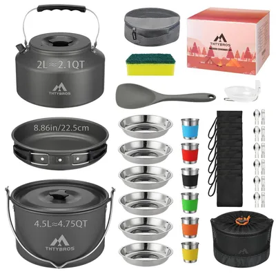 Image de Ensemble de camping complet pour 6 personnes, comprenant 43 pièces : casserole, bouilloire, poêle et vaisselle en aluminium