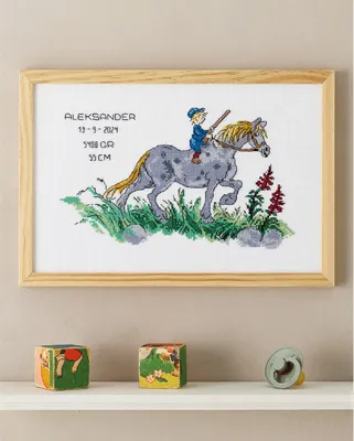 Image de Permin Kit de broderie au point de croix "Emil et Cheval", motif à compter, 30x20cm