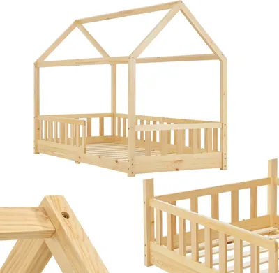 Produktbild von Juskys Kinderbett Marli 90 x 200 cm mit Matratze, Lattenrost & Dach - Holz Natur