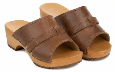 Produktbild von Damen Holzclogs Pantoletten Braun – Bequeme Clogs mit Holzsohle und breitem Riemen 35
