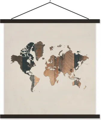 Produktbild von MuchoWow® Textilposter Weltkarte - Braun - Holz 40x40 cm mit schwarzem Rahmen - Fotos