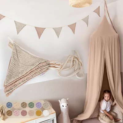 Produktbild von Wimpelkette Hellbeige & Beigerosa mit Goldapplikation - Stoff-Girlande 3 m